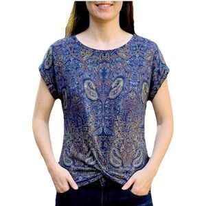 Lucky Brand Paisley Twist Front Top Medium Blue Boho Modal Cotton Knit Tee